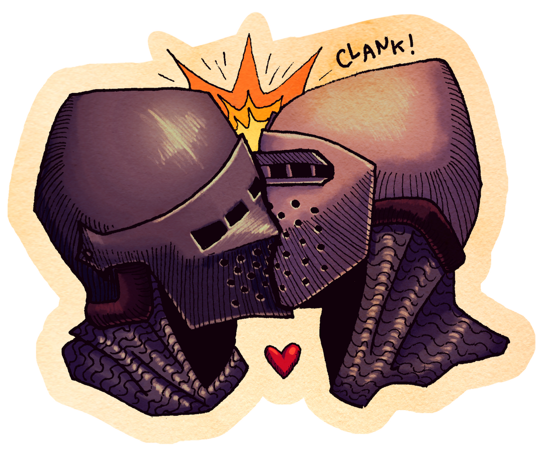 Traditional Inks, Digital Colours. Two knights hitting their helmets together in a kiss, with a star burst of impact and a heart below them. The text "CLANK!" is above them