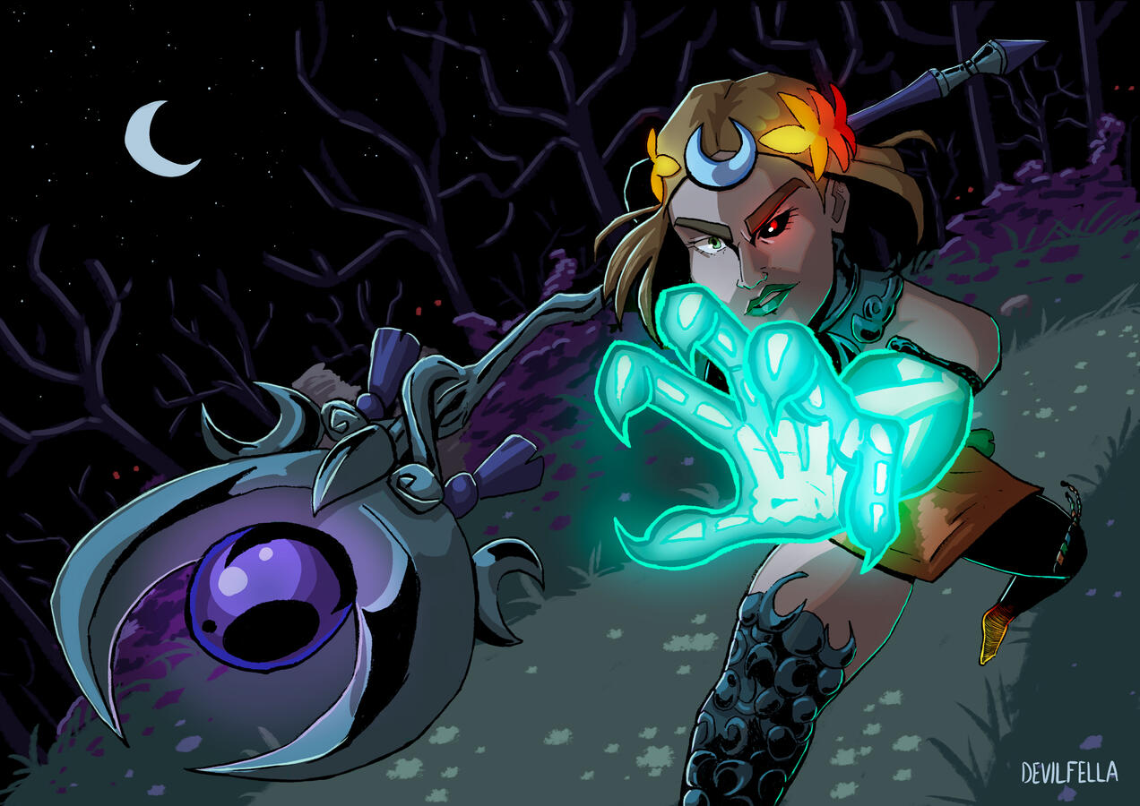 An illustration of the character Melinoe running at the viewer with her transparent skeletal hand reached out menacingly, and her witch staff in the other hand