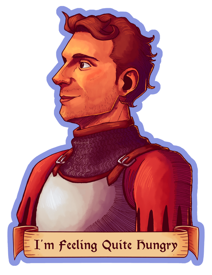 A traditionally inked illustration of Henry of Skalitz with a banner saying "I'm feeling quite hungry" below him