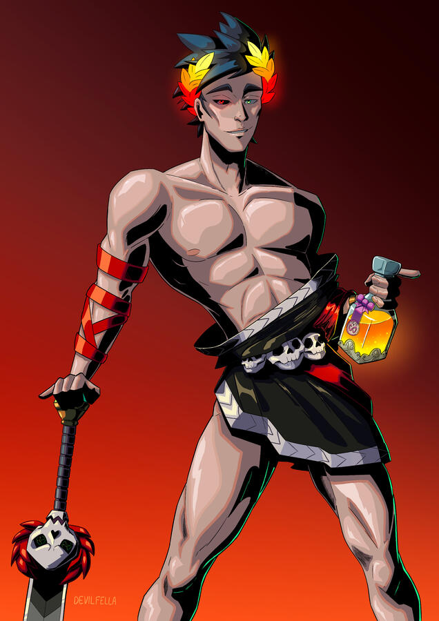Zagreus from the videogame Hades is leaning on his sword and holding a bottle of ambrosia in his other hand. His tunic has fallen off his shoulder exposing his torso. He is standing with a wide stance and a lot of his thighs are exposed. He is staring at t