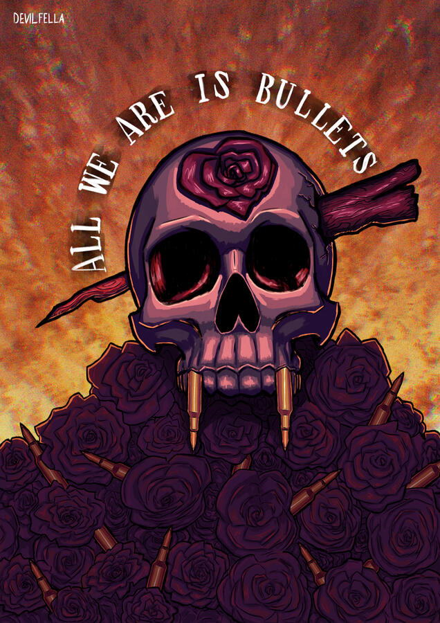 A skull with a stake through its head resting on a pile of purple roses and bullets. It had a heart shaped rose on its forehead, and bullets where fangs should be. the background is a textured yellow and orange with a chromatic aberration effect. And there