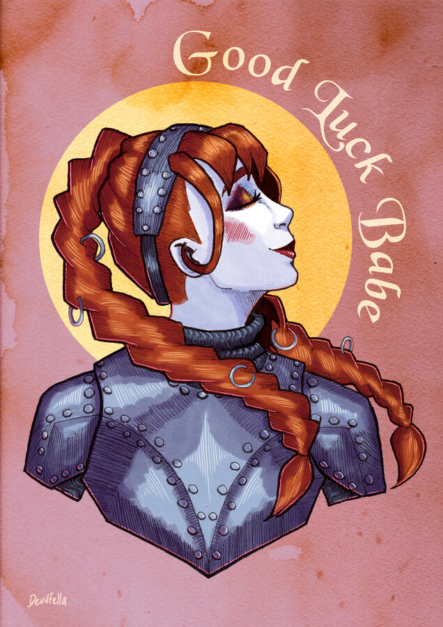 A traditionally inked illustration of Chappel Roan in her knight costume from her VMA performance. The text "Good Luck Babe" surrounds the halo around her head