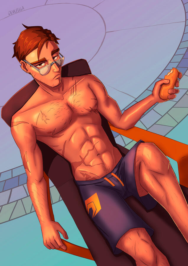 A digital illustration of Rober Robertson from the game Dispatch lounging in a pool chair giving the viewer a flat disappointed look over his shades. He's shirtless and wearing swim trunks with the Mecha Man logo on it, and holding a twinkie in one hand